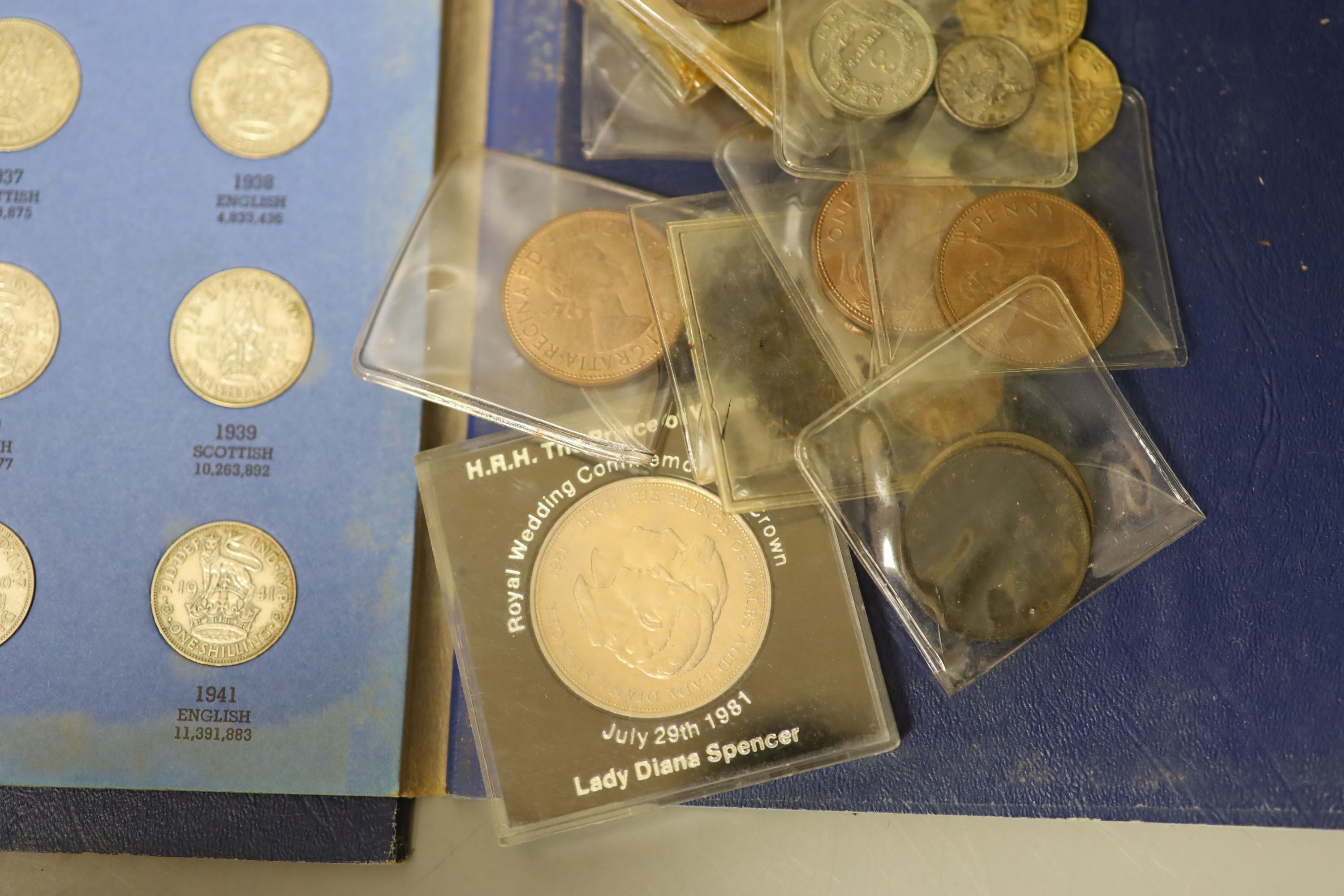 A collection of Queen Elizabeth II coin year sets, 1970-1976, a George V 1928 part maundy set, 1d, 2d and 4d, various Crowns, threepences etc.